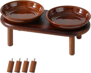 $33 Havniva Elevated Cat Bowls Raised Ceramic Cat Bowl, 5.7 Wide Opening Cat Food Bowl Whisker Friendly Cat Dish Anti-Slip with Wood Stand, Shallow Pet Food & Water Bowl for Indoor Cats