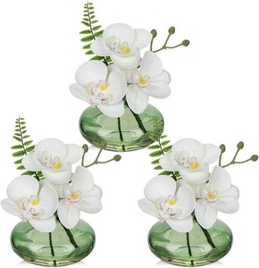 $24 Oairse White Orchids Artificial Flowers Faux Orchids Arrangement in Light Green Glass Vases Set of 3 Real Touch Phalaenopsis Orchid Flowers Small Fake Orchid Centerpiece for Dining Room Table
