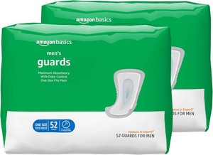 $31 Amazon Basics Mens Incontinence Guards, Maximum Absorbency, Moisture-Wicking with Odor Protection, One Size Fits Most, 104 Count (2 Packs of 52)