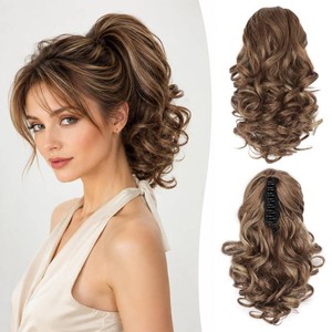 $15 12 Inch Ponytail Extension - Clip in Ponytail Hair Extensions, Curly Wavy Pony Tails Hair Extensions, Synthetic Claw Clip Ponytail Extension for Women (Color Light Brown With Blonde Highlights)