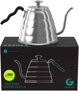 $26 Coffee Gator Gooseneck Kettle with Thermometer - 34oz Premium Stainless Steel Pour Over Coffee Maker Kettle, Stove Top, wPrecision Drip Spout, for Drip Coffee, French Press, Tea Kettle, 4 Cup, 1L