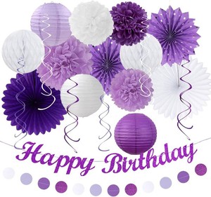 $18 Purple Lilac-Lavender White Women Birthday Party-Decorations - 21pcs Happy Banner,Paper Lanterns,Tissue Pom Poms Flower Fan,Honeycomb Ball,Hanging Streamers Garland, Girls Decor Supplies Huglony