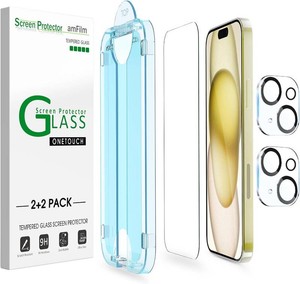 amFilm OneTouch for iPhone 15 Screen Protector 6.1 Tempered Glass  Auto-Alignment, 30s Install, Bubble Free, Scratch & Drop Protection, HD Clear, Camera Lens Protector22 Pack (15-6.1)