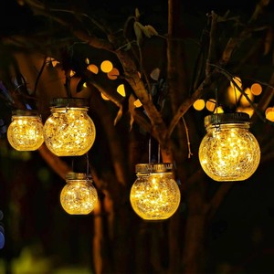 $15 Cooo 2 Pack Crackle Glass Solar Lantern with 30 LED Firefly Lights  Waterproof Outdoor Hanging Lamp 215% Larger Solar Panel, Anti-Rust Lids Decorative Lighting for Garden Patio Table