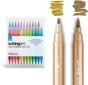 $18 KINGART 24 Metallic Dual Tip Brush  Fine Markers - Easy for All Ages & Levels Pens for Card Making, Journaling, Scrapbooking, Fabric, Rock, Glass, DIY, Black Paper, Art Supplies, Halloween, Christmas