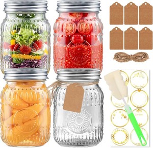 16oz Mason Jars with Airtight Rust-Proof 304 Stainless Steel Lids and Bands, 4 Pack with Elegant Sunflower Embossing, Pint Glass Jars for Meal Prep, Pickling, Overnight Oats, Dry Food & DIY Crafts