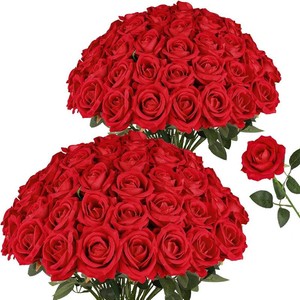 $24 AmyHomie 32 PCS Red Roses Velvet Realistic Artificial Flowers with Bendable Stems for Wedding Bouquets Baby Shower Party Home Decor Fake Flowers Gifts for Valentines, Mothers Day, Womens Day