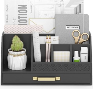 $35 Bamboo Desk Organizer with Drawers, Mail Organizer Countertop Wood Desk Drawer Tabletop Storage Organization Pen Holder Letter Sorter Makeup Organizer for School Home Office (Black)
