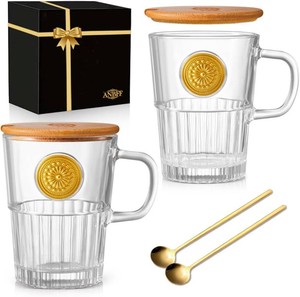 $22 Vintage Glass Coffee Mugs Set of 2, 15oz Embossed Glass Coffee Cups with Bamboo Lids and Spoons, Handmade Clear Tea Cups with Handle and Gift Box - for Cappuccino, Latte, Milk
