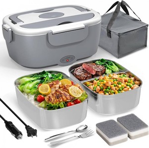 $30 Sitlais Electric Lunch Box for Adults - Fast Heating Portable Food Warmer with 2 of 53oz 304 Stainless Steel Containers 12V24V110V Heated Lunch Box for Men&Women Work Office Truck Travel lonchera