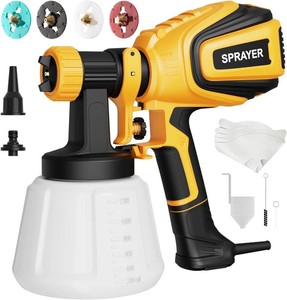 $42 VONFORN Paint Sprayer, 700W HVLP Spray Gun with Cleaning & Blowing Joints, 4 Nozzles and 3 Patterns, Easy to Clean, for Furniture, Cabinets, Fence, Walls, Door, Garden Chairs etc. VF803 Yellow