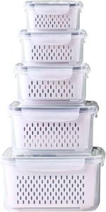 $34 Large Fridge Food Storage Container Set with Lids with Strainer, Fruit Vegetable Storage Containers Keep Fruits, Vegetables, Berry, Meat Fresh longer, BPA-Free Plastic Produce Keepers