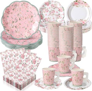 $33 Pickmesh 252 Pcs Pink Floral Tea Party Supplies for 36 Guests Pink Floral Paper Disposable Dinnerware Flower Teacups with Handle and Saucers Set for Tea Party Decorations Birthday Wedding