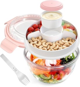 $18 WHALEHOUSE Clear Eco-friendly SK chemicals ECOZEN Salad Container, 33OZ Portable Plastic Salad Bowls with Lid & Snack Tray, Leak-Proof Dressing Container, Reusable Fork, Lunch Box for Meal Prep (Pink)