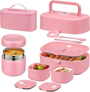 $26 Pawtong Bento Lunch Box with 8oz Soup Thermo, Kids Sustainable Bento Box Leakproof Lunch Food Containers with Lunch Bag, Kids Thermo Insulated Hot Food Jar for School, Trvael (Pink)