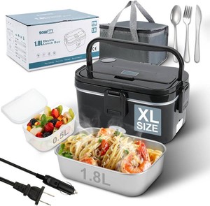 $22 SOHIDA 1.8L0.5L Heated Lunch Box for Men, 80W Electric Lunch Box with Long-handled Utensils for Adults, 12V24V110V Lonchera El ctrica Port til, Portable Food Warmer for CarTruckOffice (Black)