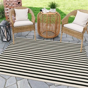 $50 LEEVAN Black and White Outdoor Rug 4x6 ft, Cotton Farmhouse Striped Porch Rugs Hand-Woven Front Door Mat Modern Patio Rug Washable IndoorOutdoor Area Rugs for Living Room Bedroom Balcony Backyard