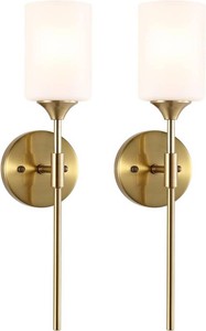 $110 BYOLIIMA Gold Wall Sconce Set of 2 with White Cylinder Glass Shades Modern Mid Century Bathroom Vanity Wall Light Fixtures Industrial Brushed Brass Wall Lamp for Bedroom Mirror Living Room Restaurant