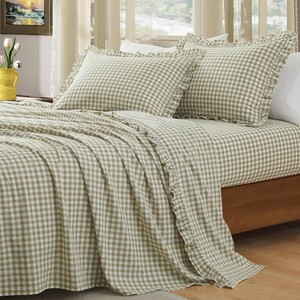 $60 KKJIAF 4 Pieces Plaid Ruffle Queen Bed Sheets, Cotton Gingham Queen Bed Sheet Set Linen Feel Comfy Breathable Ruffed Plaid Bed Sheets with 16 Inch Deep Pocket, Sage Green