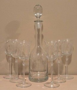 LLB - Vintage Etched Glass Decanter & Glass Set (Lot of 6)