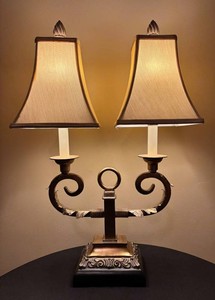 LL - Art Deco Hollywood Twin Toleware Lamp With Shade