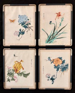 LL - Vintage Framed Chinese Watercolor Paintings Floral & Bird Set of 4
