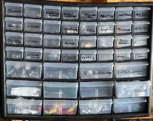 Plastic parts bin with contents