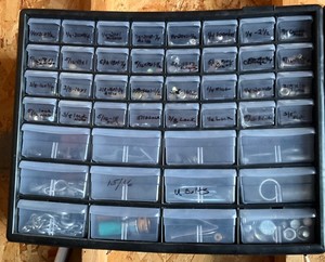 Plastic parts bin with contents
