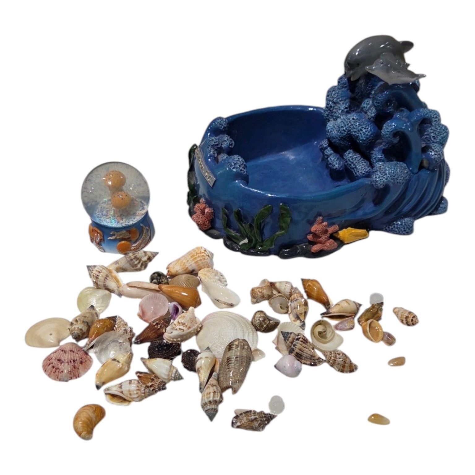 Dolphin Fountain, Caribbean Seashells & Ocean Snow Globe Lot