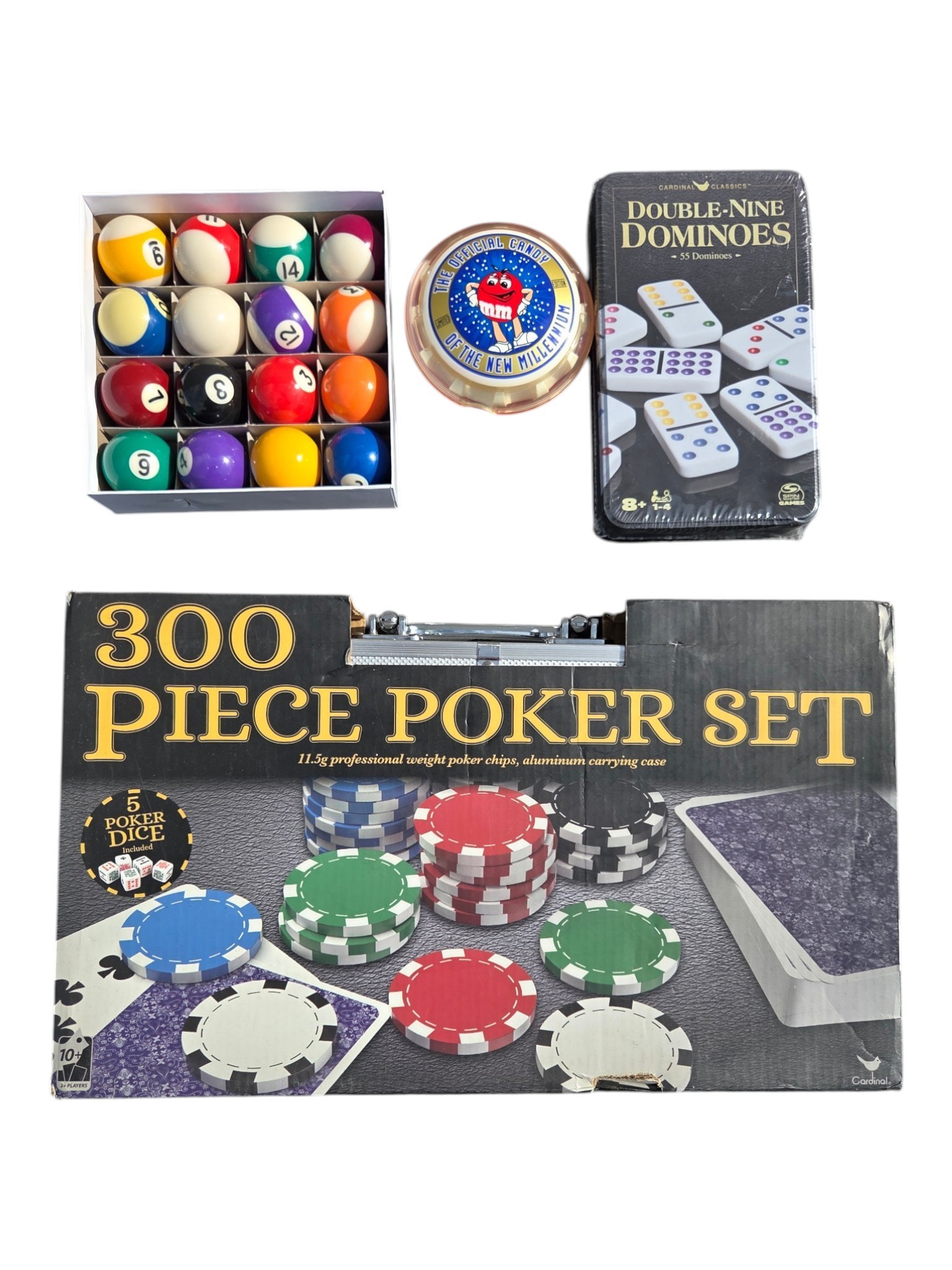 Game & Pool Lot  300 Piece Poker Set, Double-Nine Dominoes, Pool Balls & M&M Candy Dispenser