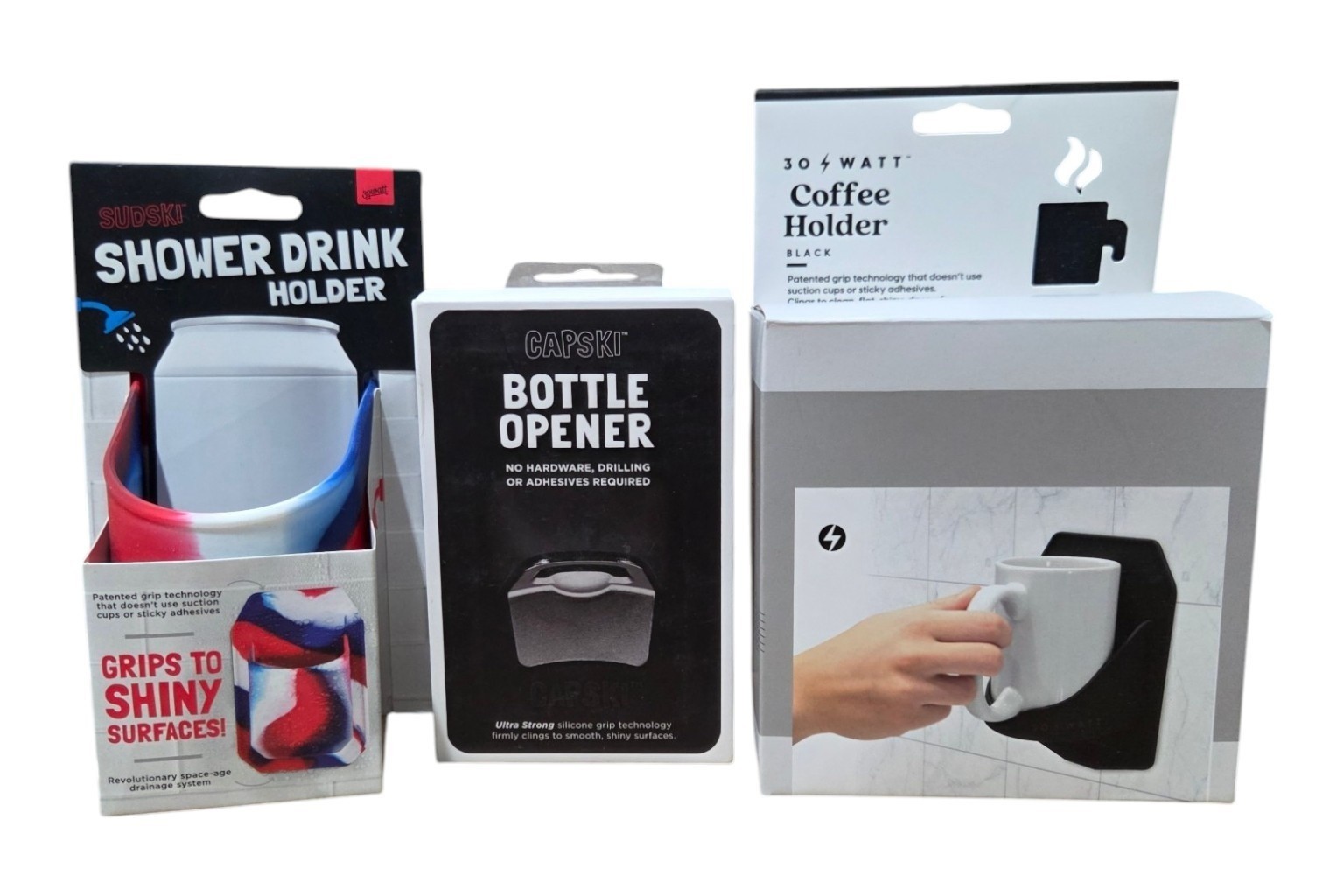 30 Watt Coffee Holder, Sudski Shower Drink Holder & Capski Bottle Opener Lot