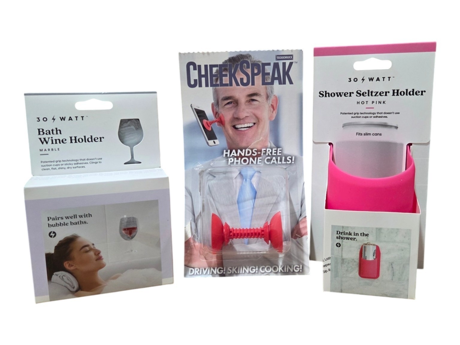30 Watt Bath Wine Holder, Shower Seltzer Holder & CheekSpeak Phone Holder Lot