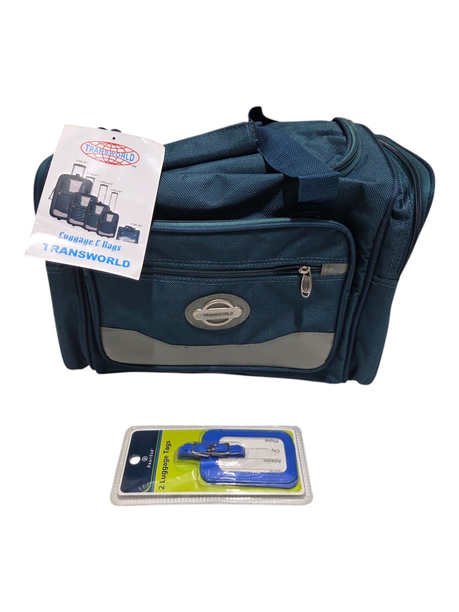 Transworld Teal Duffel Travel Bag With Protg Blue 2-Piece Luggage Tags