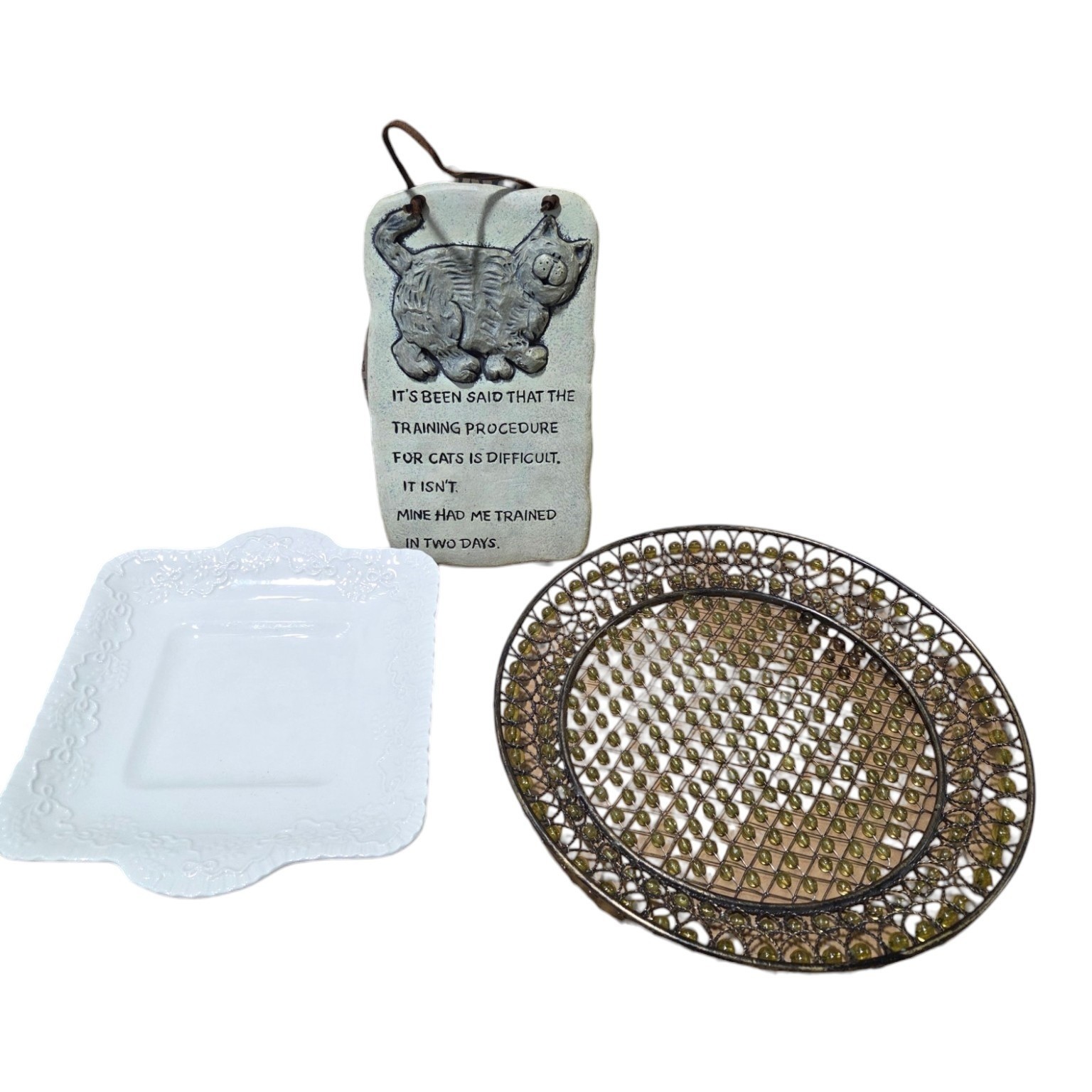 Decorative Tray Lot - Wedgwood Ralph Lauren Claire Plate, Metal Grape Tray & Cat Wall Plaque