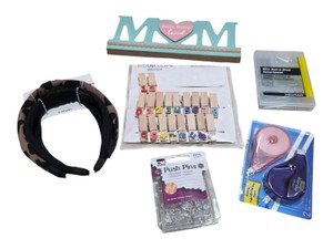 Mixed Household & Office Supply Lot  Mom Sign, Wood Number Clips, Nails, Push Pins, Tape & Headbands