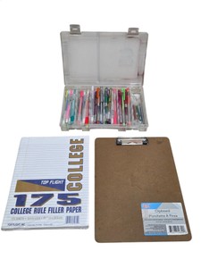 Assorted Gel Pen Case, Top Flight College Rule Paper & 9x12 Clipboard