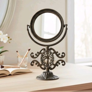 Ornate Tabletop Vanity Mirror  Brass toned Metal Stand With Palm Tree Design