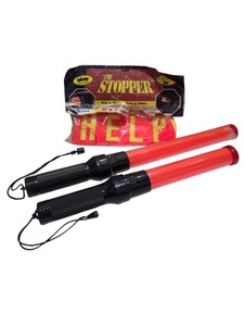 2 Lighted Red Traffic Safety Wands & 3M The Stopper HELP Emergency Flag