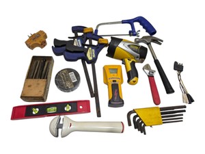 Assorted Hand Tool Lot  Irwin Quick-Grip Clamps, Stanley Spotlight, Zircon Stud Sensor & Files
