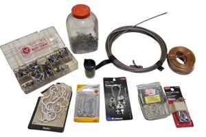 Assorted Hardware Lot  Screws, Nails, Hooks, Wire Rope, Cable & Copper Wire