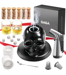 OAGA Cocktail Smoking Set with Skull Smoker, 2 Glasses, Torch & Wood Chips   new Open Box