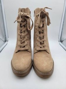 Callie Lace-Up Stacked Heel Combat Ankle Boot Womens Tan Suede Leather US 7M New without Box