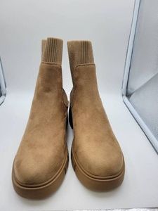 Redtop Knit Collar Lug Sole Platform Chelsea Ankle Boot Womens Tan Faux Suede US 7.5 New without Box