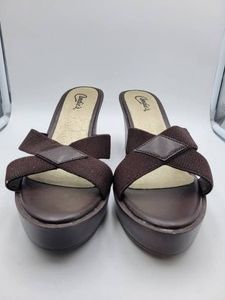 Candies Stylz Cross Strap Platform Wedge Slide Sandal Womens Brown US 9M Pre-Owned