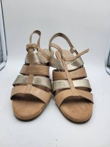 A2 by Aerosoles Me N You Caged Slingback Heeled Sandal Womens Tan Gold US 7.5M Pre-Owned