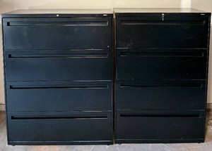 Set of 2 Black Hon Industries Offic File Cabinets 4 Drawer (1) - 42W x 53.5H x 19.25D (2) 42w x 53.25H x 19 18D