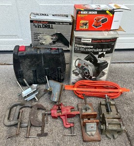 Collection of Electric Tools, Clamps and Skil Cordless Drill