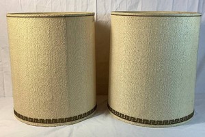 Pair of Mid Century Stiffel Drum Shades with Greek Key Motif  15 Diameter x 18 H (Note one is missing finial and has some stains)