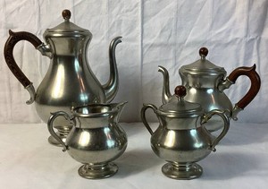 Pewter Tea & Coffee 4 Piece Serving Set- Made in Holland - Royal Holland Pewter Includes, Coffe Server, Tea Server, Sugar, and Creamer