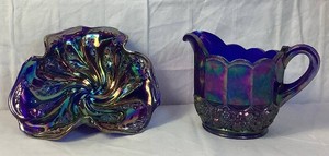 Two Fenton Blue Carnival Glass Pieces - Pitcher and Candy Dish